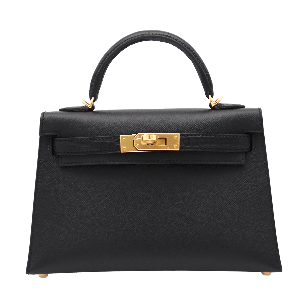 HERMÈS Hermès Mini Kelly de Touche Black Veau Madame/Matte Alligator Leather with Gold Hardware and Double Stamp