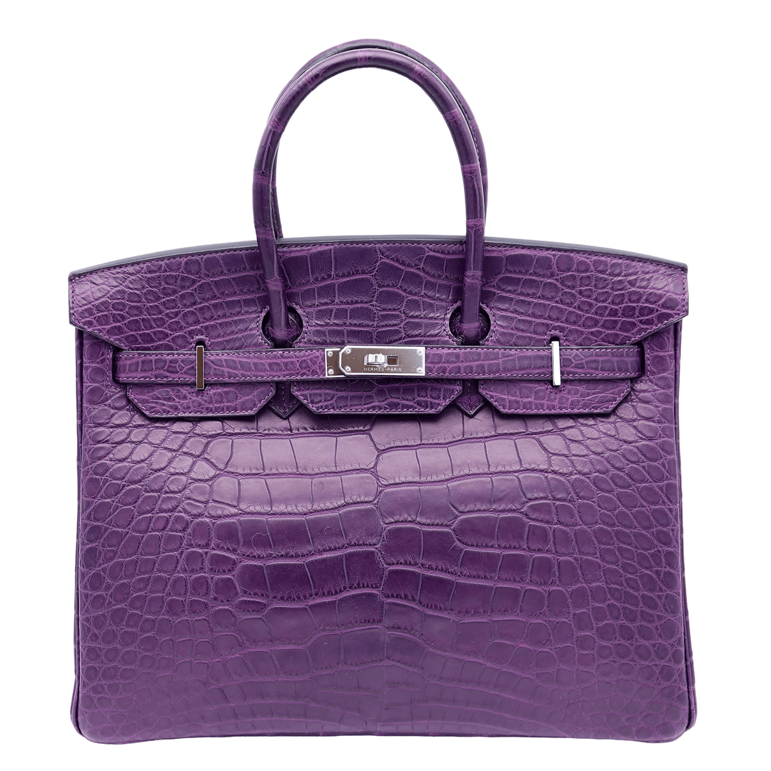 HERMÈS Birkin 35 in Cassis Alligator Leather with Silver Hardware, □M Stamped