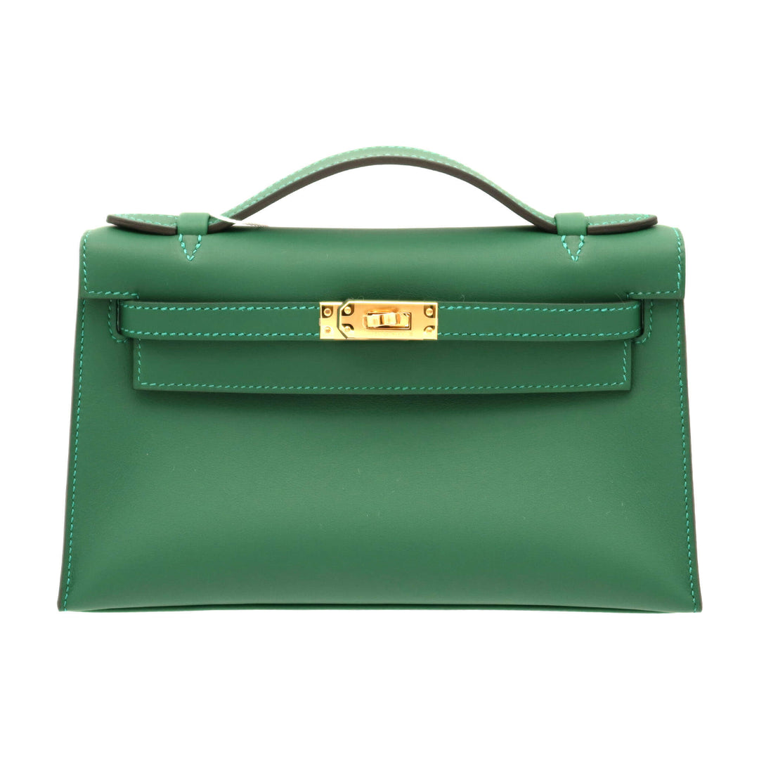 HERMÈS Hermès Kelly Vert Moyen Swift Pochette with Gold Hardware and Double Stamp