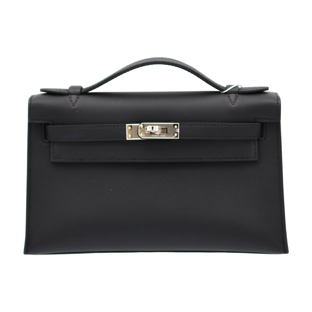 HERMÈS Hermès Kelly Pochette in Black Swift with Silver Hardware and K Stamp