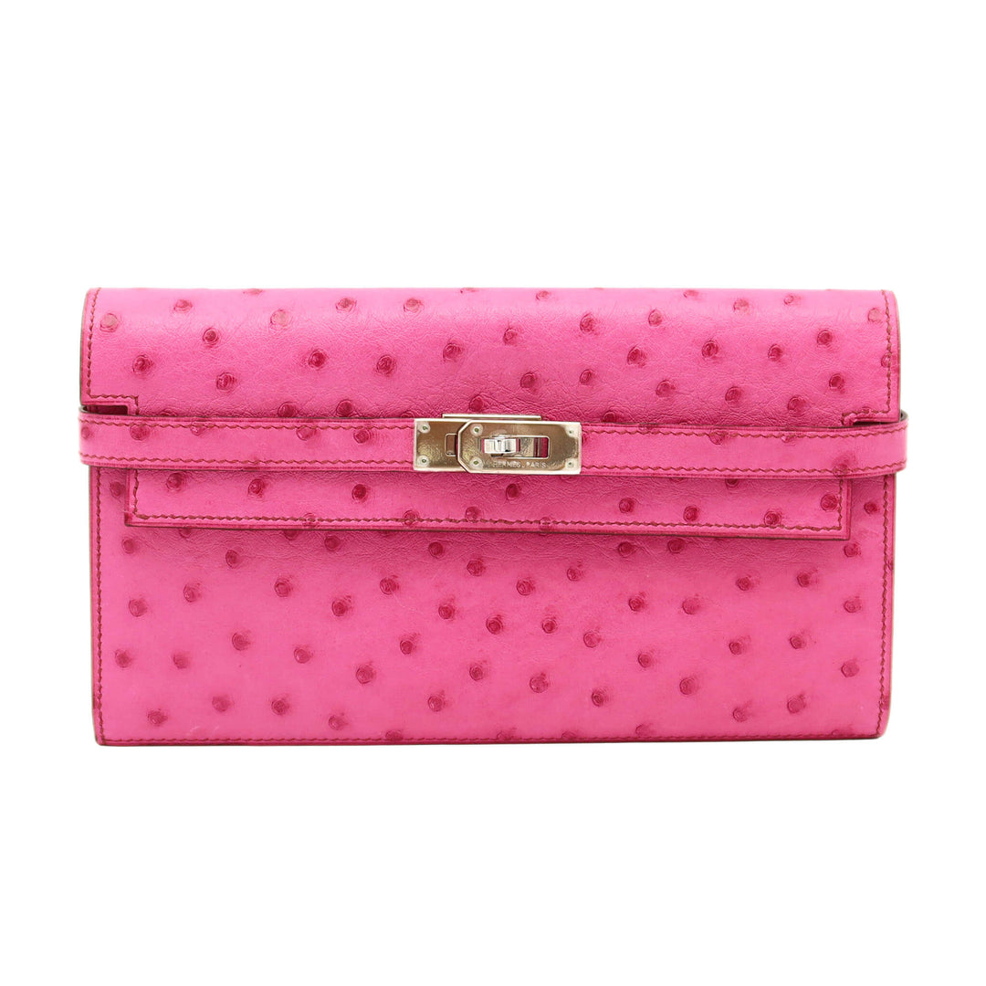 HERMÈS Hermès Kelly Wallet in Fuchsia Pink with Ostrich Leather and Silver Hardware, □N Stamp