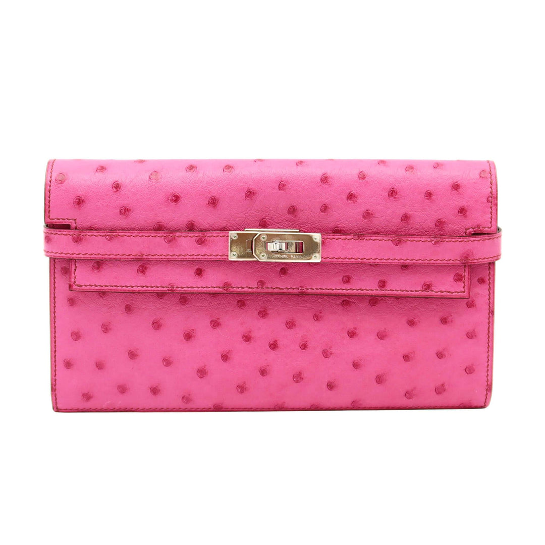 HERMÈS Hermès Kelly Wallet in Fuchsia Pink with Ostrich Leather and Silver Hardware, □N Stamp