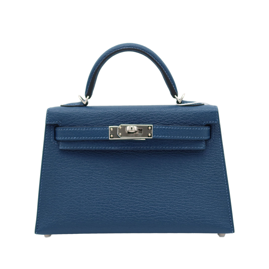 Hermès Mini Kelly II Deep Blue/Origan Chevre Mysore Palladium Hardware U Stamp