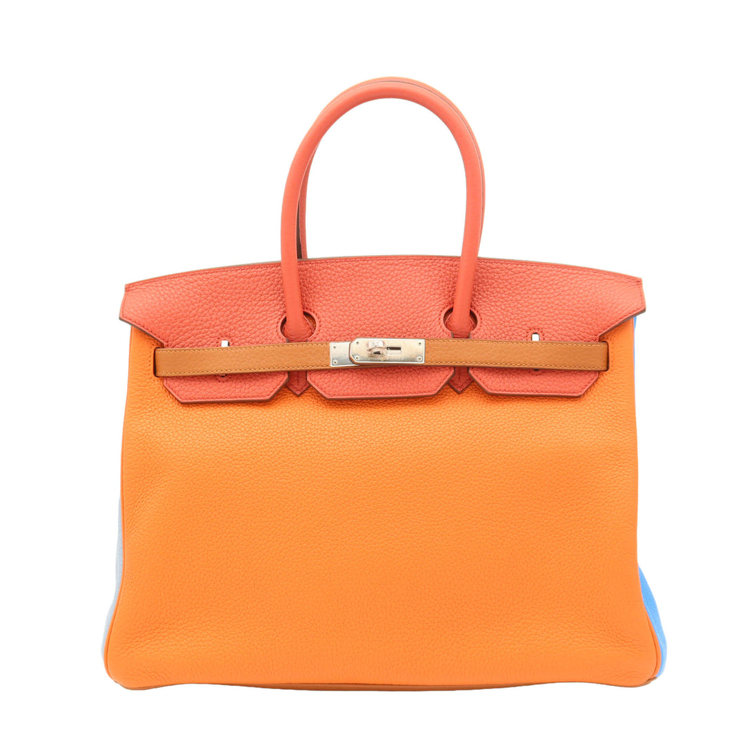 HERMES エルメスバーキン35　ルメスオレンジ/サンギーヌ/ブルーラン/ブルーイドラ/エタン/ゴールド　トリヨンクレマンス　シルバー金具　□P刻印